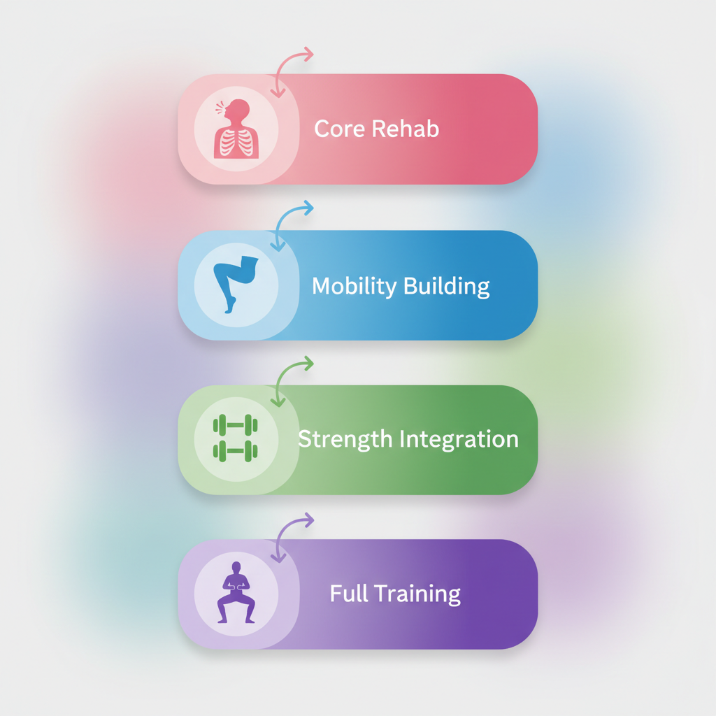 Vertical process flow diagram illustrating four phases of postpartum recovery program: core rehab with breathing, mobility building with pelvic floor exercises, strength integration with light weights, and full training return with body pose.