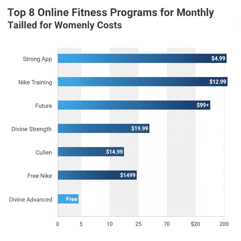 Horizontal bar chart comparing monthly subscription costs of top online fitness programs for women, featuring Divine Strength Coaching options.
