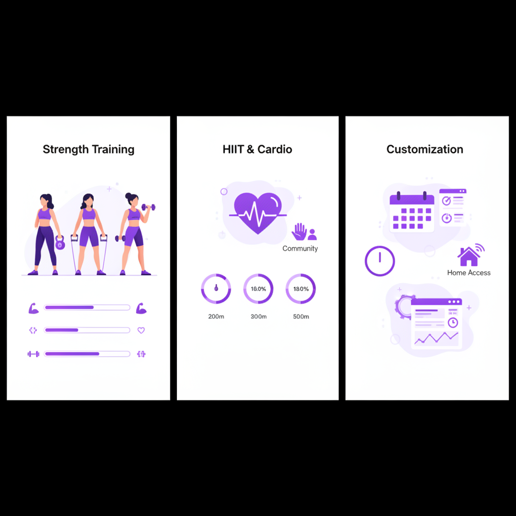 Infographic showing Peloton's hybrid classes for women with strength training, HIIT, and customization features