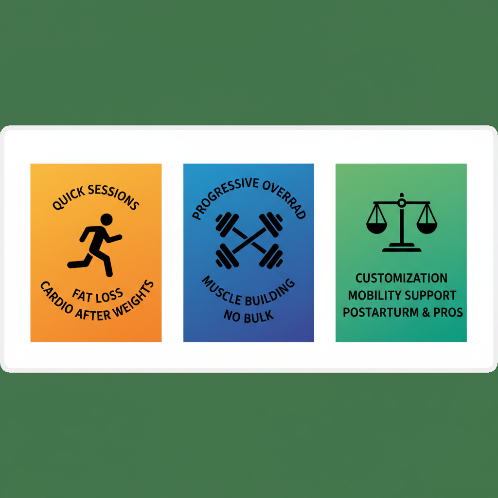 Infographic comparing three women's workout program focuses: HIIT for fat loss, strength training for muscle building, and holistic recovery options.