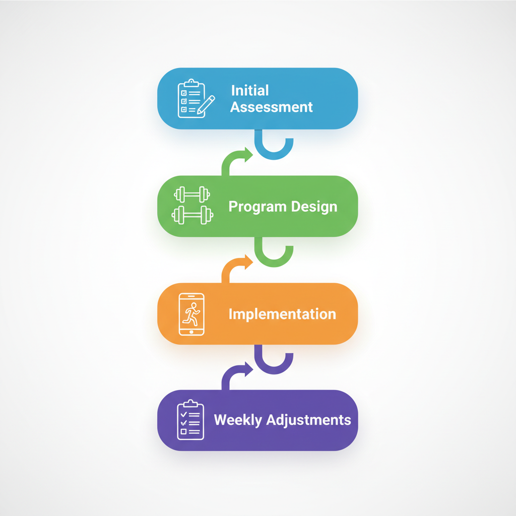 Vertical process flow diagram illustrating steps to create customized workout programs: assessment, design, implementation, and adjustments with icons.