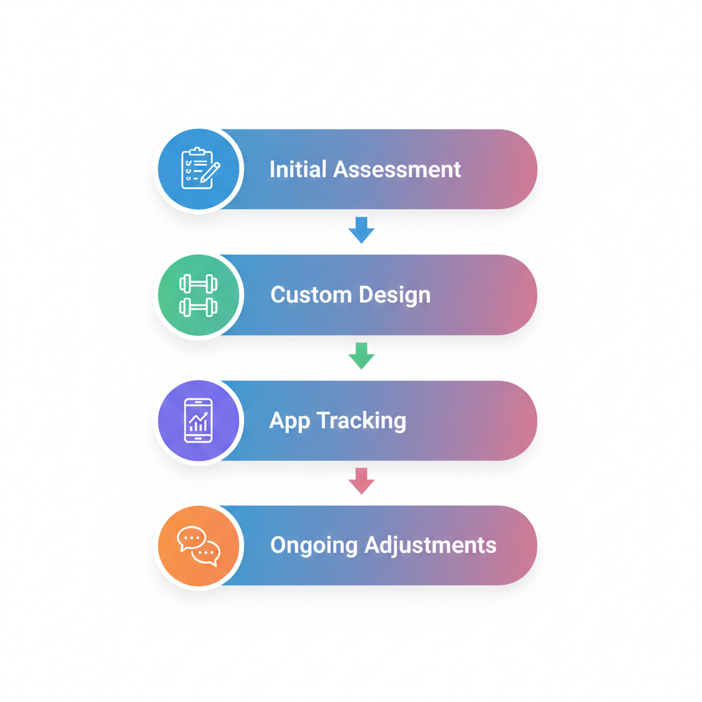 Vertical process flow diagram showing steps of tailored workout customization for women's online personal training: initial assessment, custom design, app tracking, and ongoing adjustments.