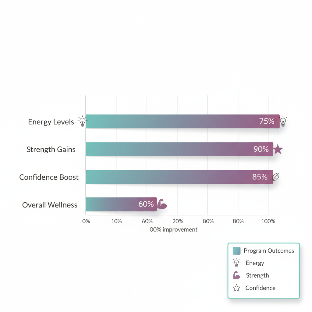 Bar chart showing improvements in energy, strength, confidence, and wellness from women's fitness programs