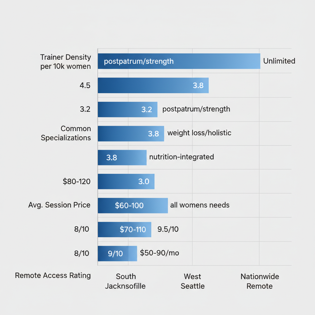 Bar chart comparing female personal training availability, trainer density, specializations, session prices, and remote access ratings across key US areas including NYC, Jacksonville, Seattle, and nationwide remote services.