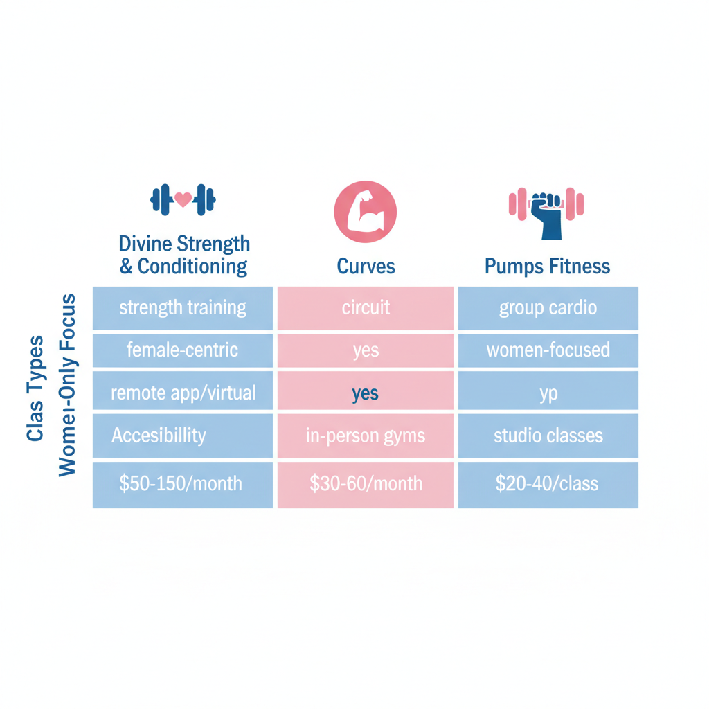 Infographic comparing three women's fitness providers: Divine Strength & Conditioning, Curves, and Pumps Fitness, highlighting class types, women-only focus, accessibility, and cost ranges.