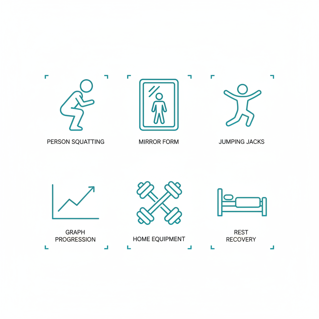 Square grid of six simple line art icons for beginner strength training: squat demonstration, proper form check, warm-up routine, progression tracking, home equipment basics, rest and recovery.