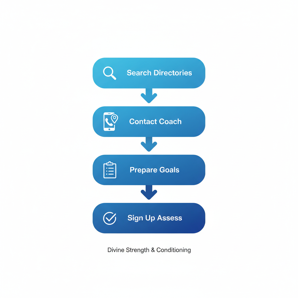 Vertical process flow diagram showing four steps to start a women's fitness journey: search, contact, prepare goals, and sign up.