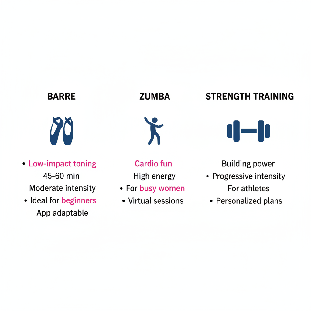 Infographic comparing benefits of Barre, Zumba, and Strength Training classes for women.