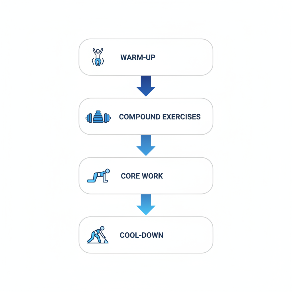 Vertical process flow diagram showing four stages of a women's strength training routine: warm-up, compound exercises, core work, and cool-down.