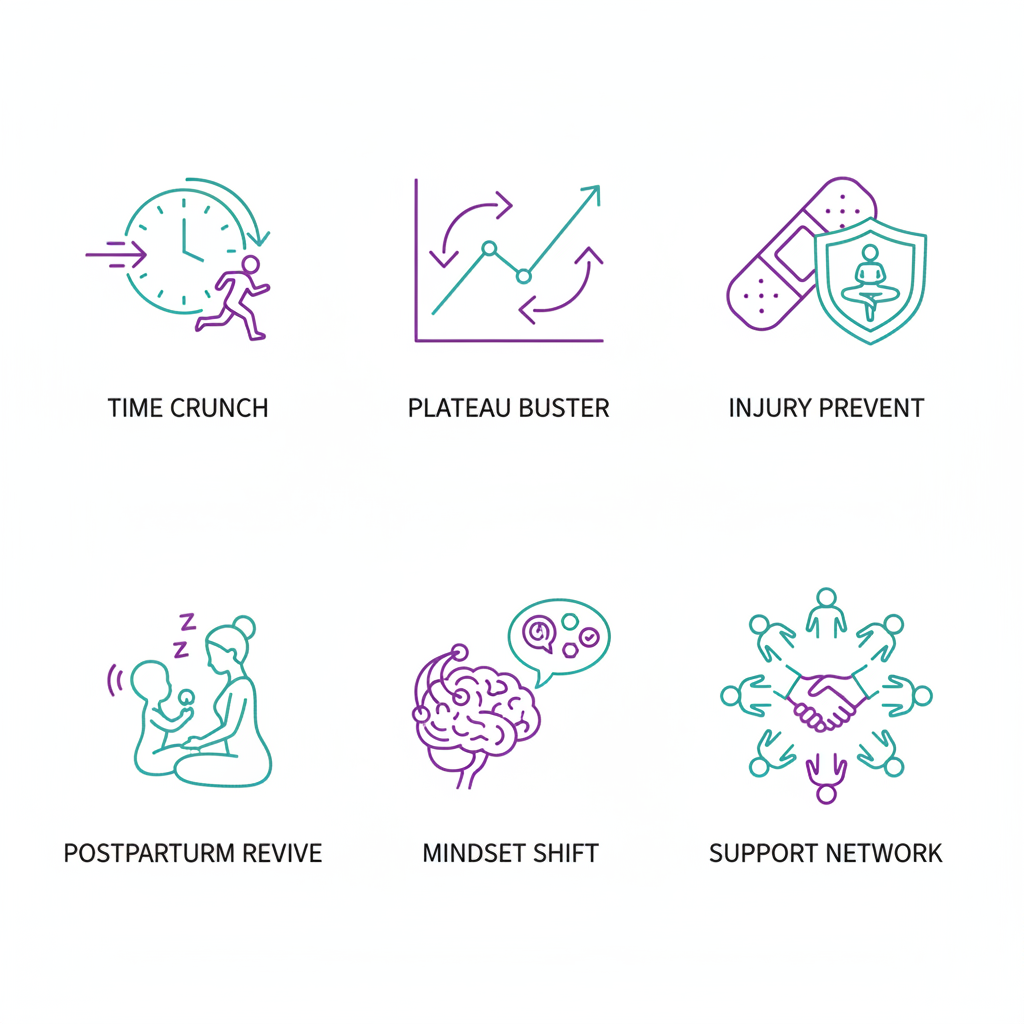 Grid of icons illustrating common women's fitness challenges and solutions