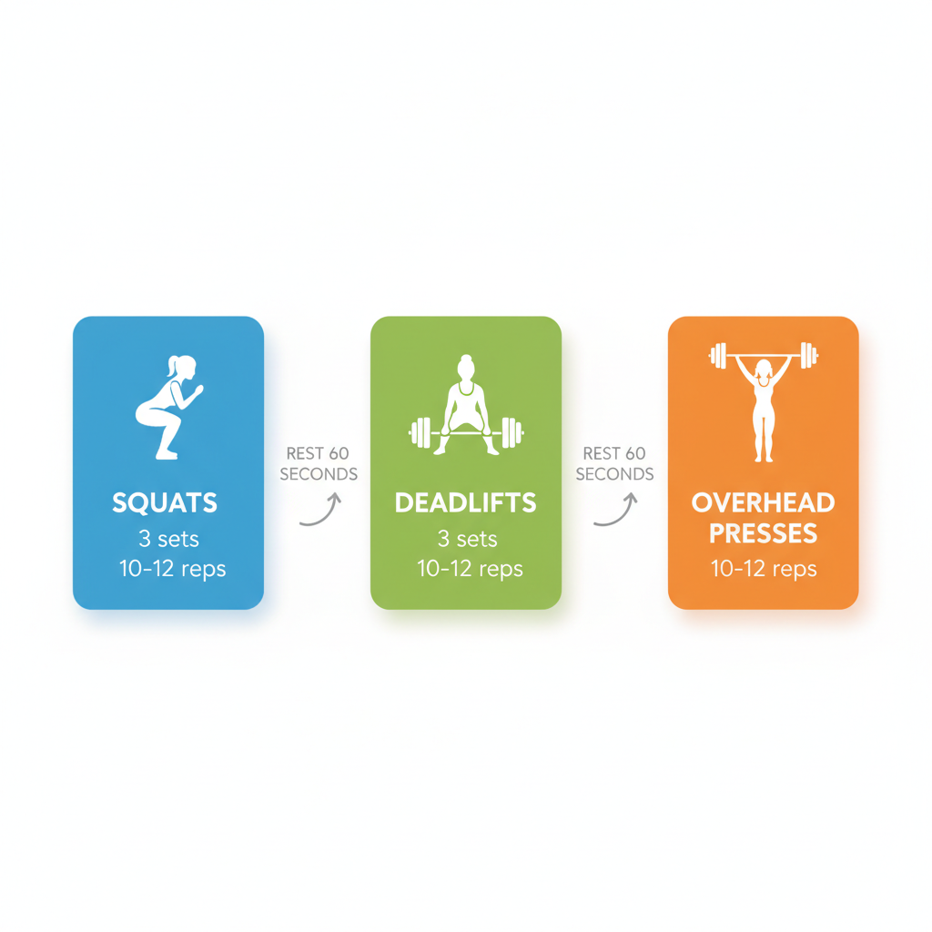 Horizontal process flow diagram of a 3-exercise full-body workout circuit: squats, deadlifts, and overhead presses with reps and rest indicators.