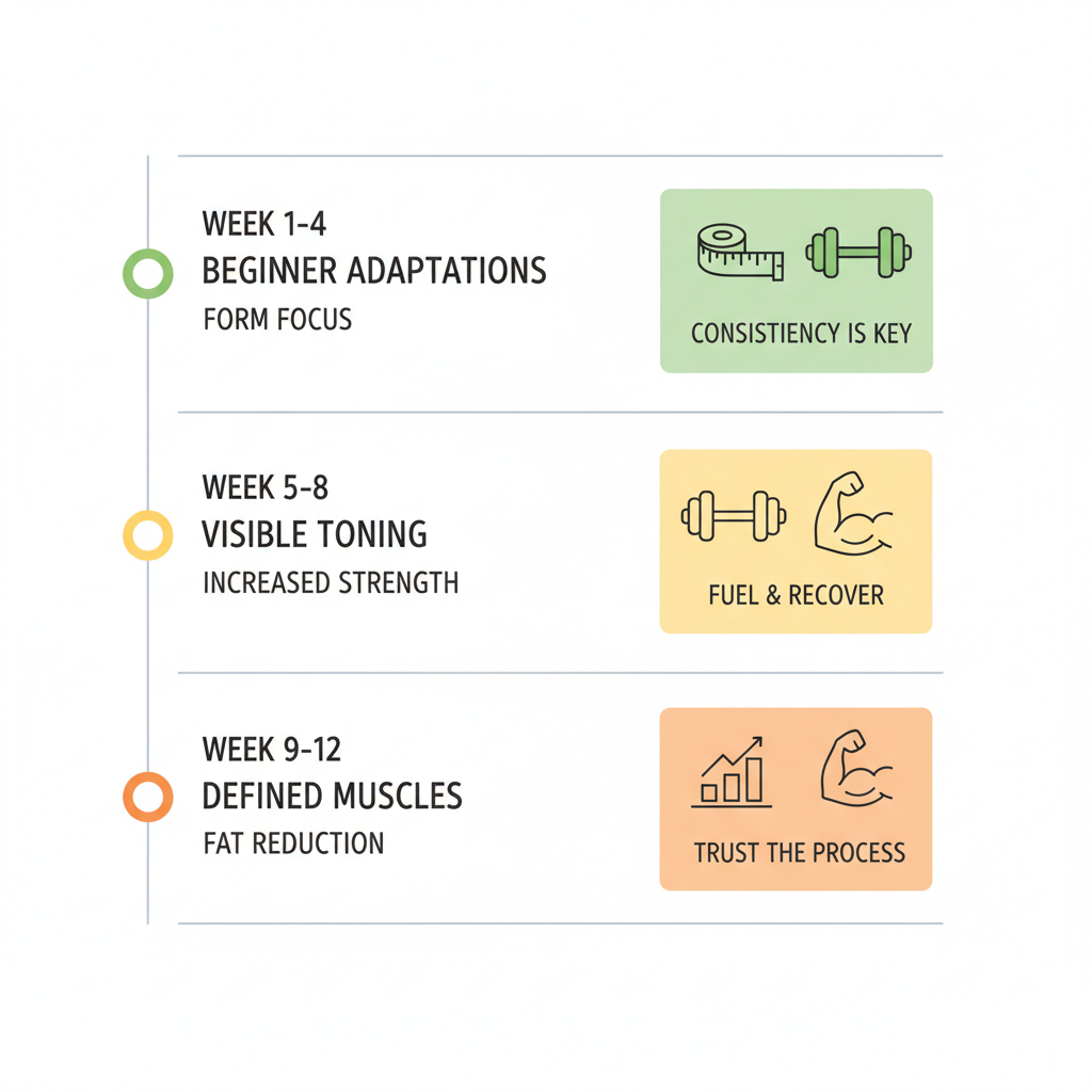 Vertical timeline illustrating 12-week women's body toning progression with milestones, icons, and recovery tips