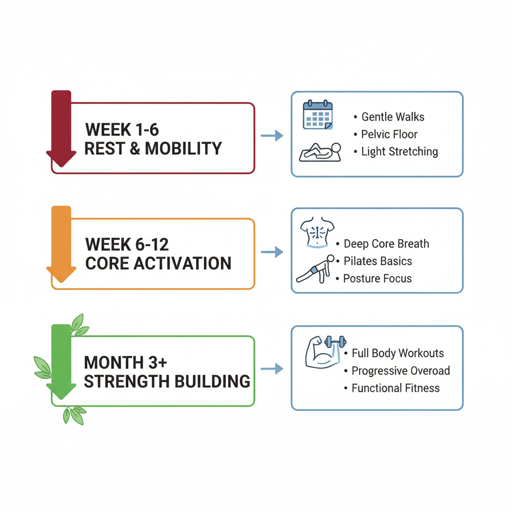 Vertical timeline of postpartum recovery stages with colored markers and activity icons for new mothers