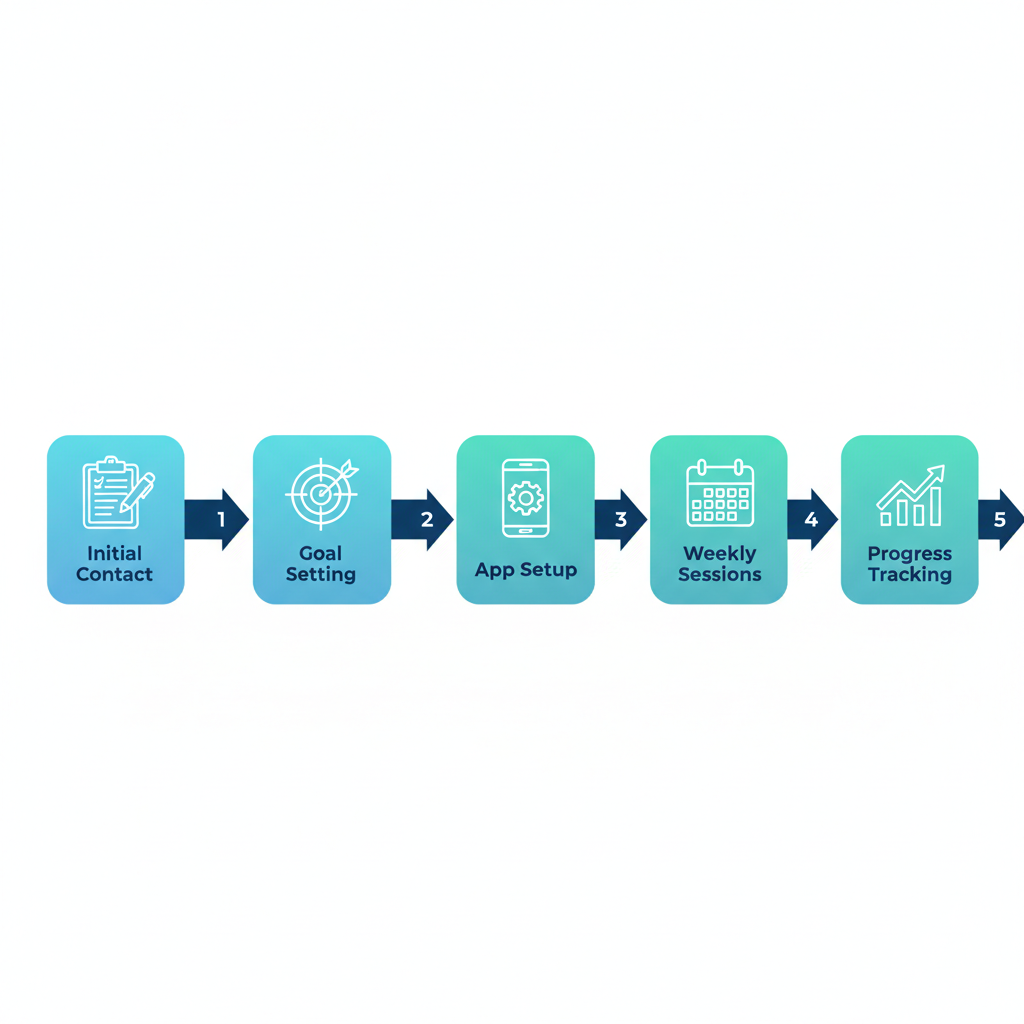 Horizontal process flow diagram showing five steps for postpartum fitness classes: initial contact, goal setting, app setup, weekly sessions, and progress tracking with icons.