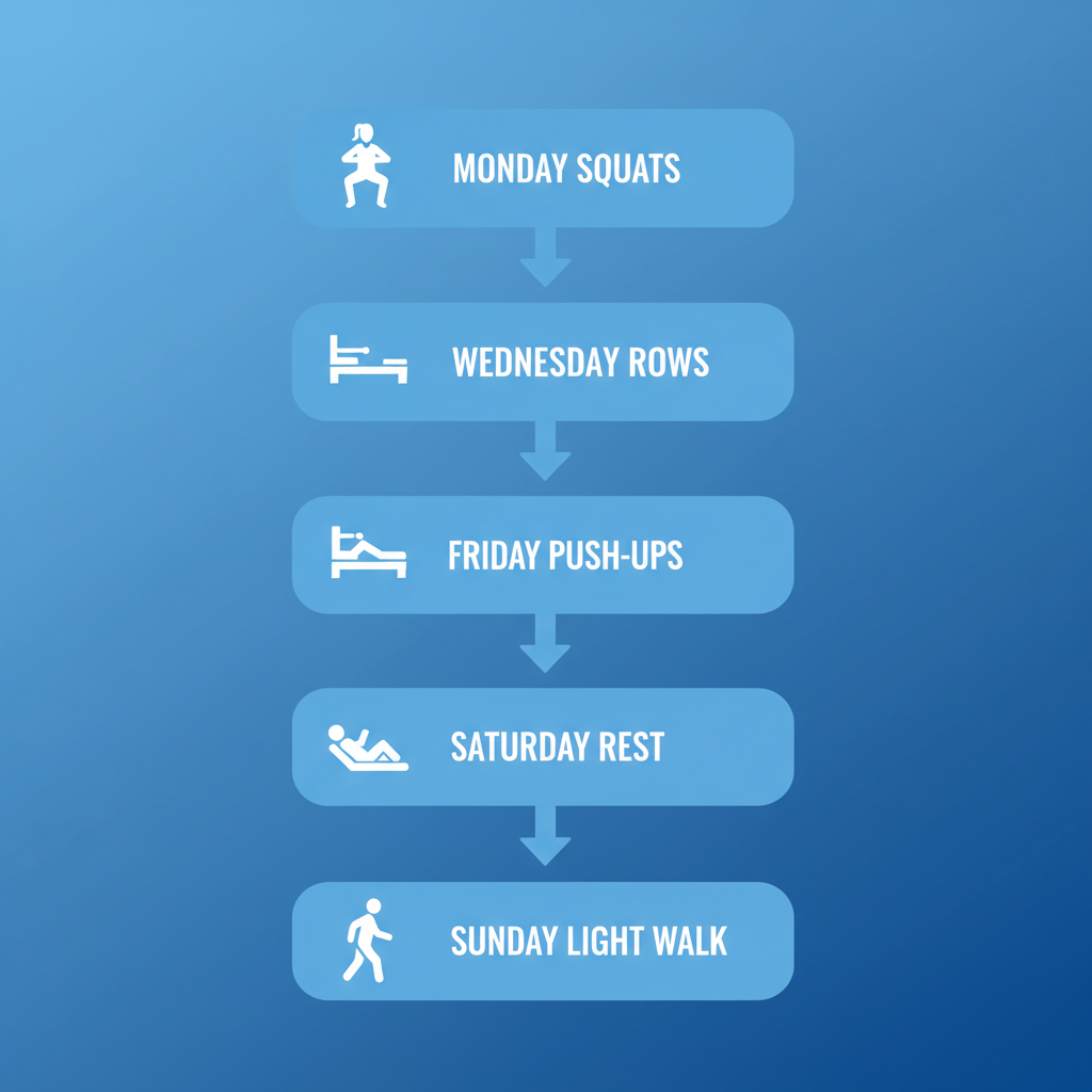 Vertical process flow diagram of a beginner weekly strength training routine for women with five stages and icons