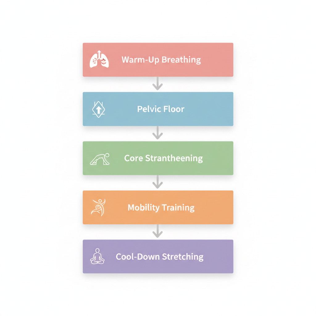 Vertical process flow diagram illustrating five stages of a postpartum exercise class: warm-up with breathing, pelvic floor activation, core strengthening, mobility and strength training, and cool-down stretching.