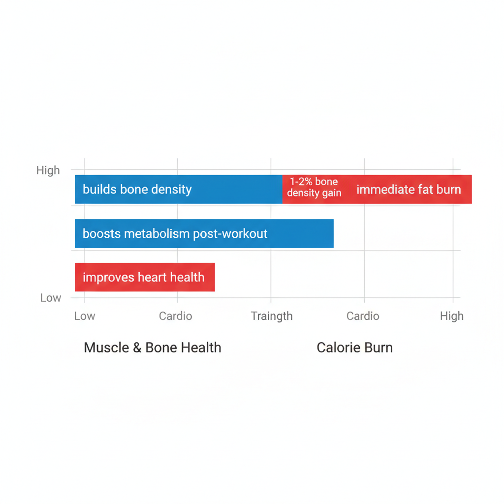 Horizontal bar chart comparing strength training and cardio benefits for women's muscle, bone health, and calorie burn.