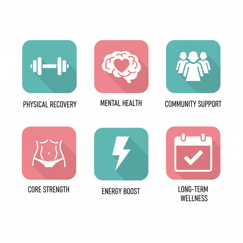 Grid of six icons illustrating benefits of postpartum exercise: physical recovery, mental health boost, community support, core strength, energy increase, and long-term wellness.