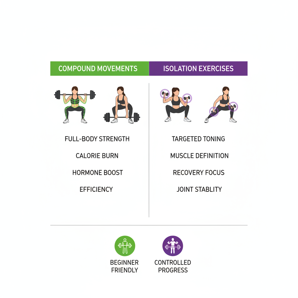Infographic illustrating compound versus isolation weight training exercises for women, highlighting benefits and beginner suitability