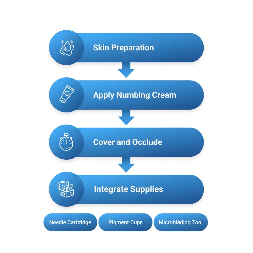 Vertical process flow diagram illustrating five sequential stages for integrating hybrid numbing kits in microblading procedures, with icons and brief step labels.