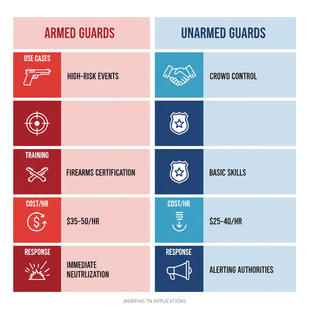 Infographic comparing armed and unarmed security guards in Memphis, detailing use cases, training, costs, and response options for local services.