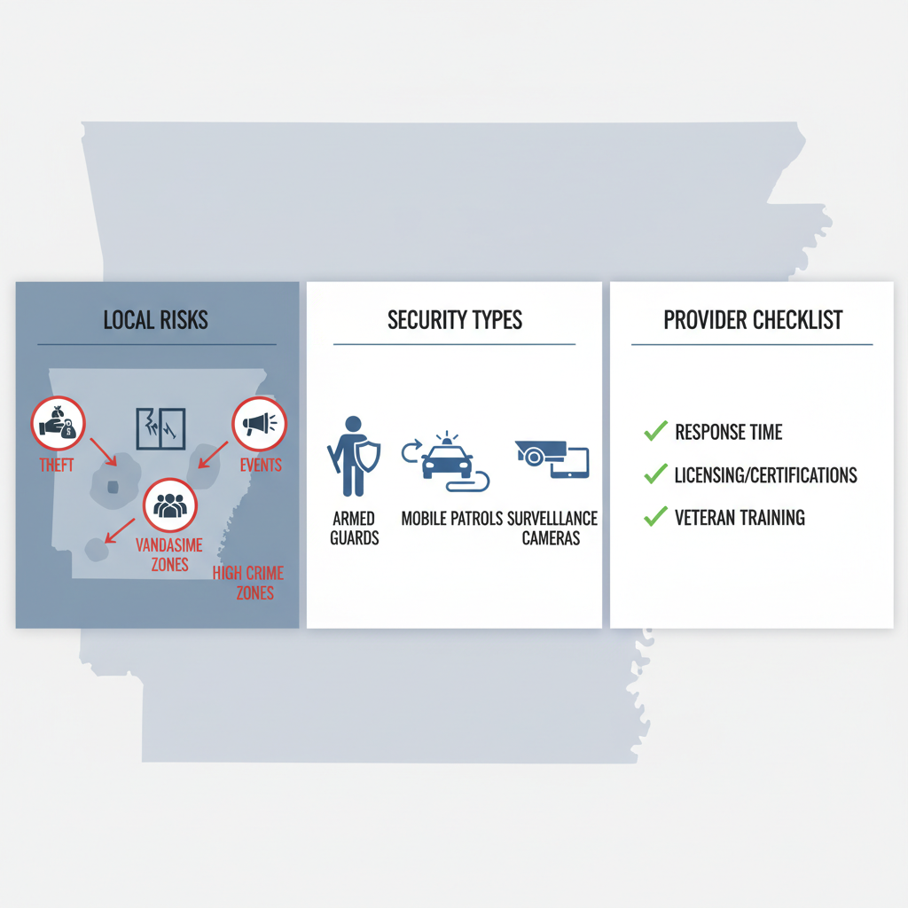 Infographic depicting security risk assessment, solution types, and provider evaluation for West Memphis with icons and diagrams.