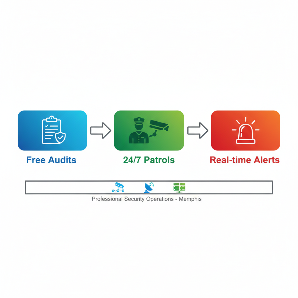Horizontal process flow diagram illustrating three stages of professional security operations: consultation, deployment, and response in Memphis.