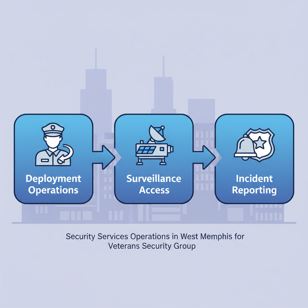 Horizontal process flow diagram illustrating three stages of security services: deployment operations, surveillance installation, and incident response in West Memphis.