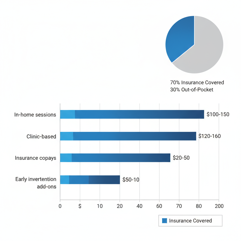 Bar chart illustrating average costs of ABA therapy in Charlotte, North Carolina, including in-home, clinic-based sessions, copays, and early intervention fees, with pie chart for insurance coverage.