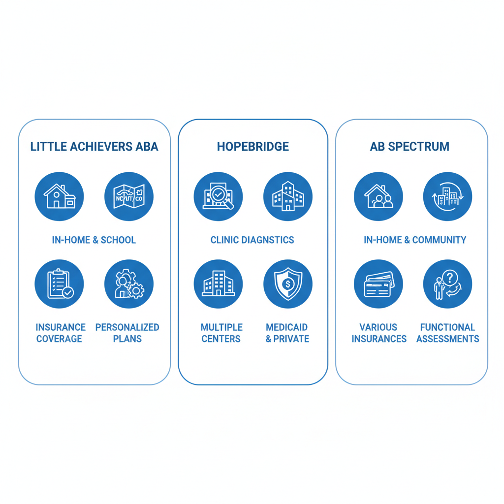 Infographic comparing ABA therapy providers in Charlotte: Little Achievers ABA, Hopebridge, and AB Spectrum with key services, insurance, and features.