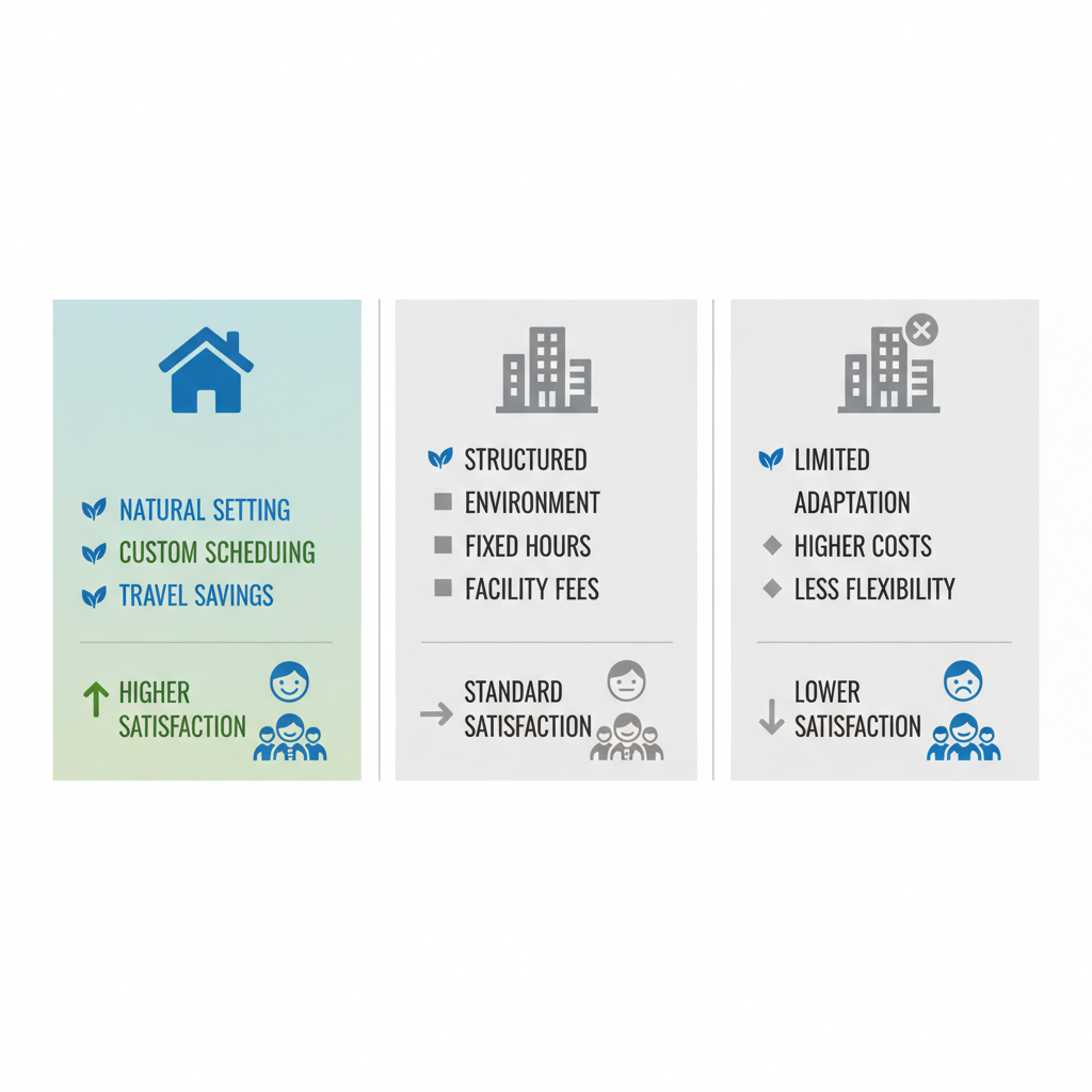 Infographic comparing in-home and clinic-based ABA therapy benefits and drawbacks