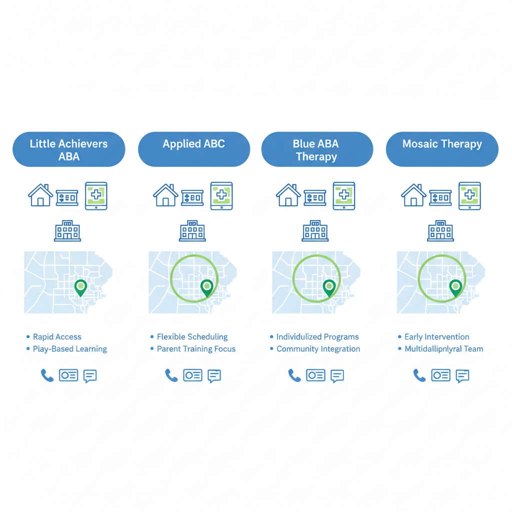 Infographic comparing top ABA therapy providers in Charlotte area with service icons, coverage map, and key features.