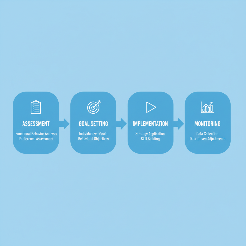 Horizontal process flow diagram illustrating four steps for developing ABA treatment plans at home: assessment with clipboard icon, goal setting with target icon, implementation with play arrow icon, and monitoring with chart icon, connected by arrows in rounded blue boxes.