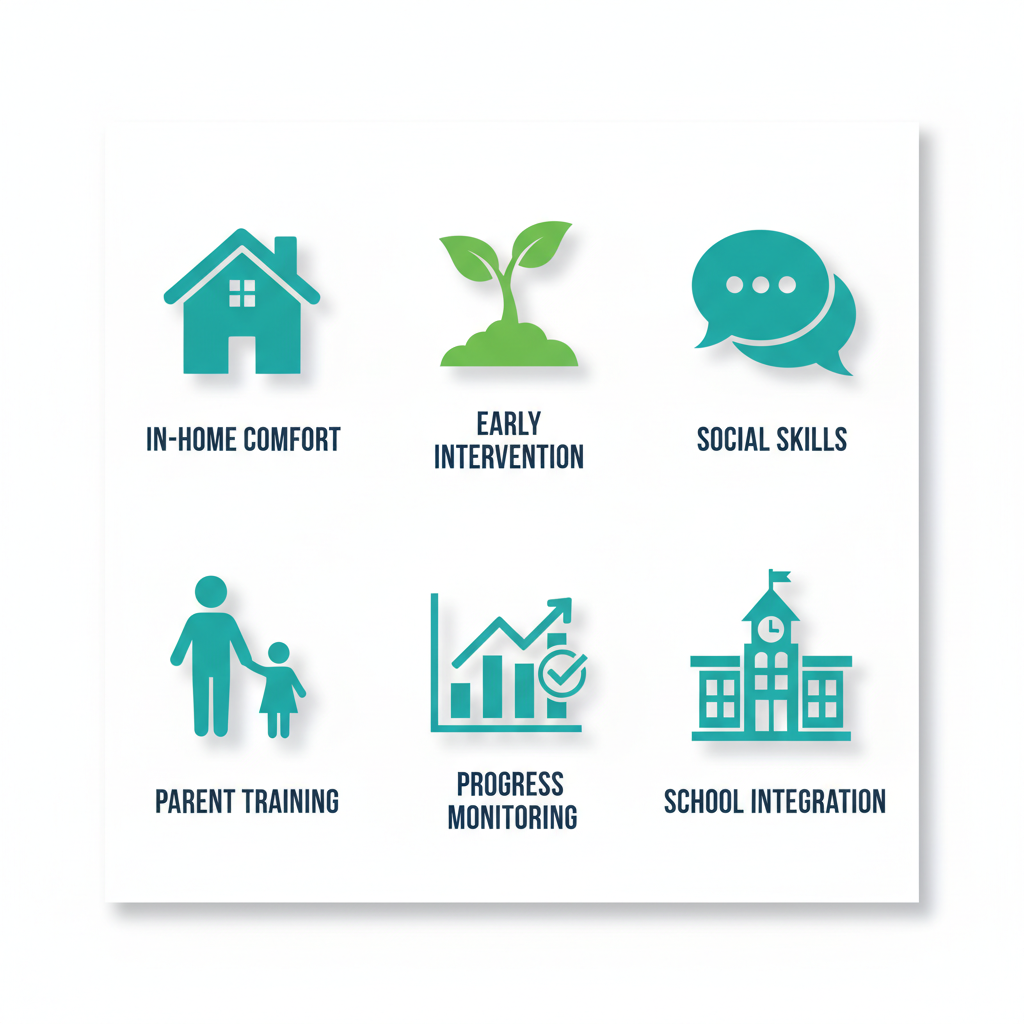 Grid of icons showing benefits of ABA therapy including in-home comfort, early intervention, social skills, parent training, progress monitoring, and school integration for Raleigh families