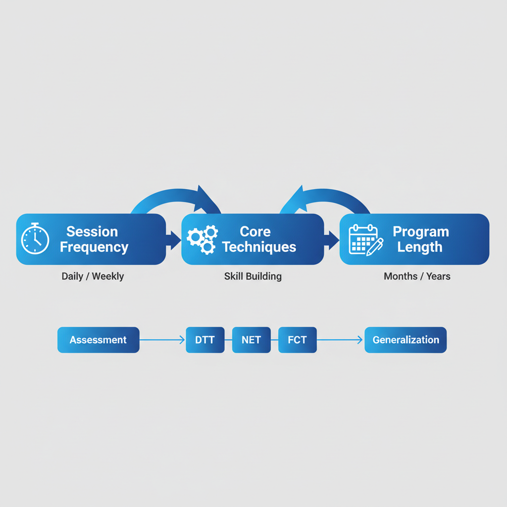 Horizontal process flow diagram of ABA therapy workflow in Raleigh showing session frequency, core techniques, and program length.