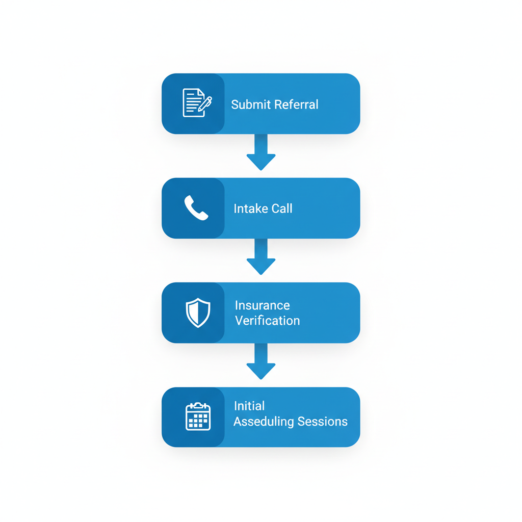 Vertical process flow diagram illustrating the five steps to start ABA therapy in Raleigh: submit referral, intake call, insurance verification, initial assessment, and scheduling sessions.