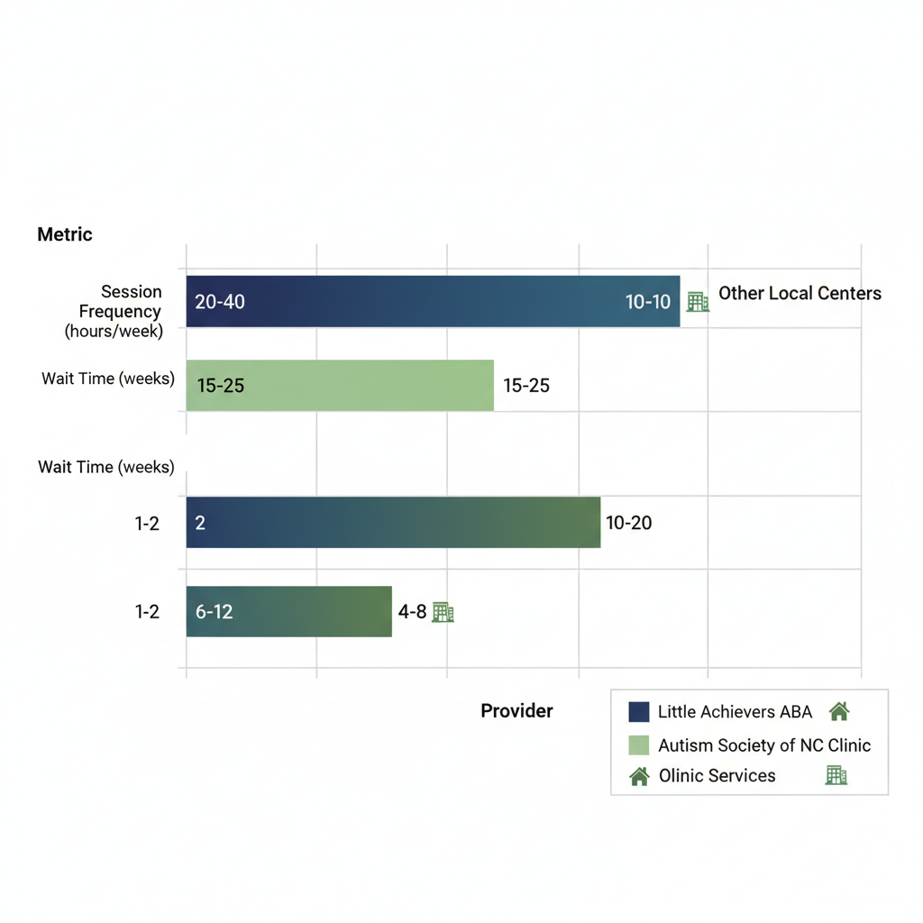 Horizontal bar chart comparing ABA therapy providers in Raleigh, showing session frequency and wait times with icons for service types