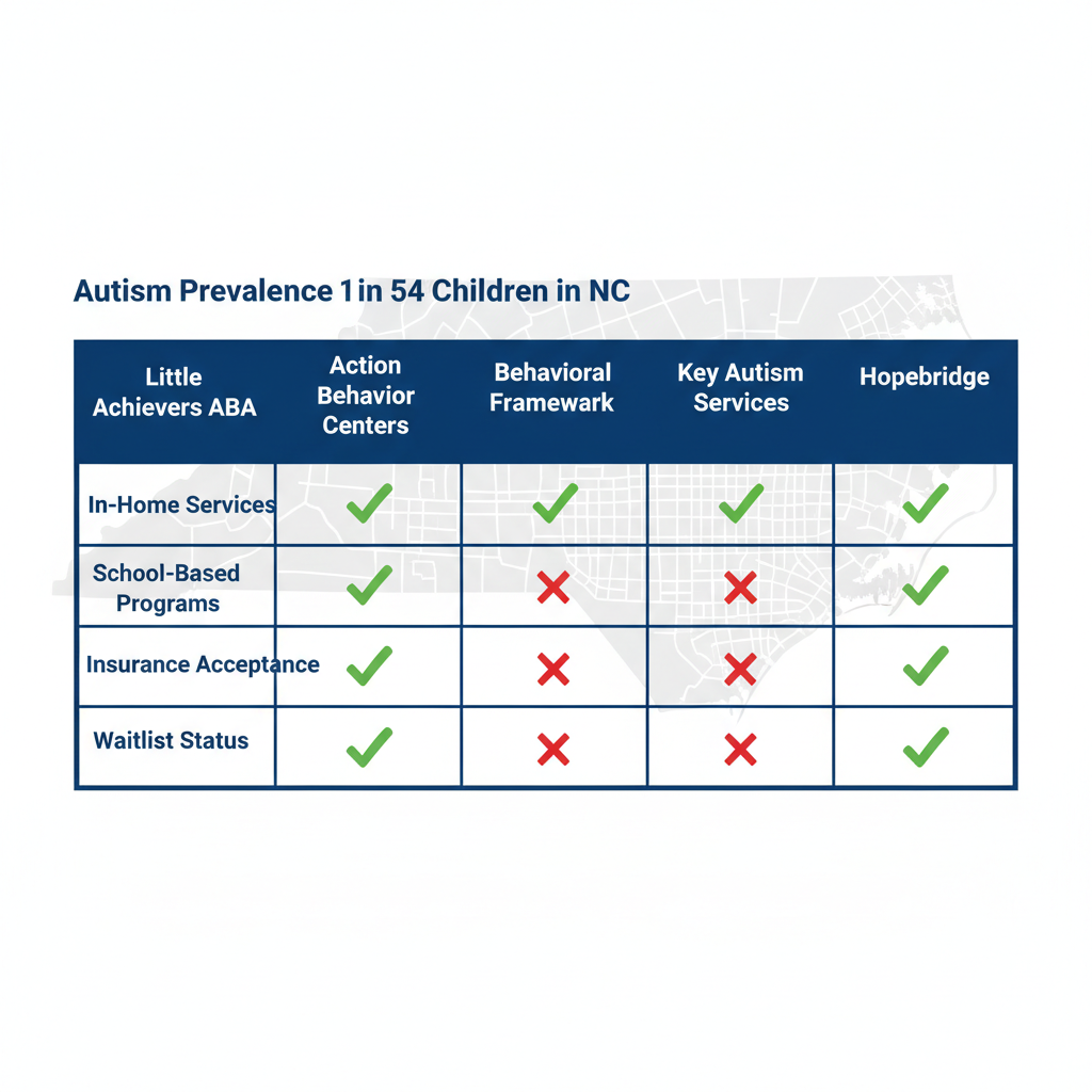 Infographic comparing key features of ABA therapy providers in Raleigh including in-home and school-based services