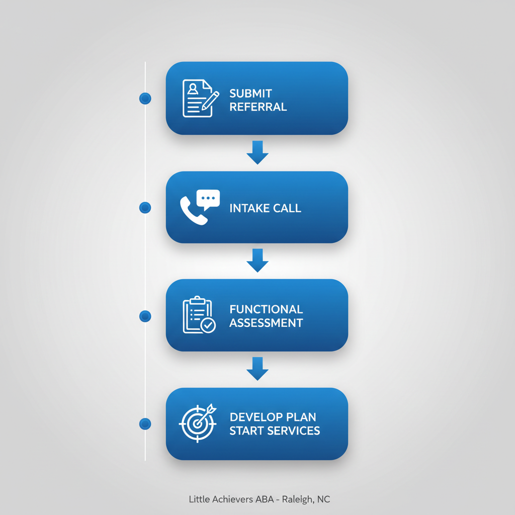 Vertical process flow illustrating four stages to begin ABA therapy: referral submission, intake call, functional assessment, and plan development.