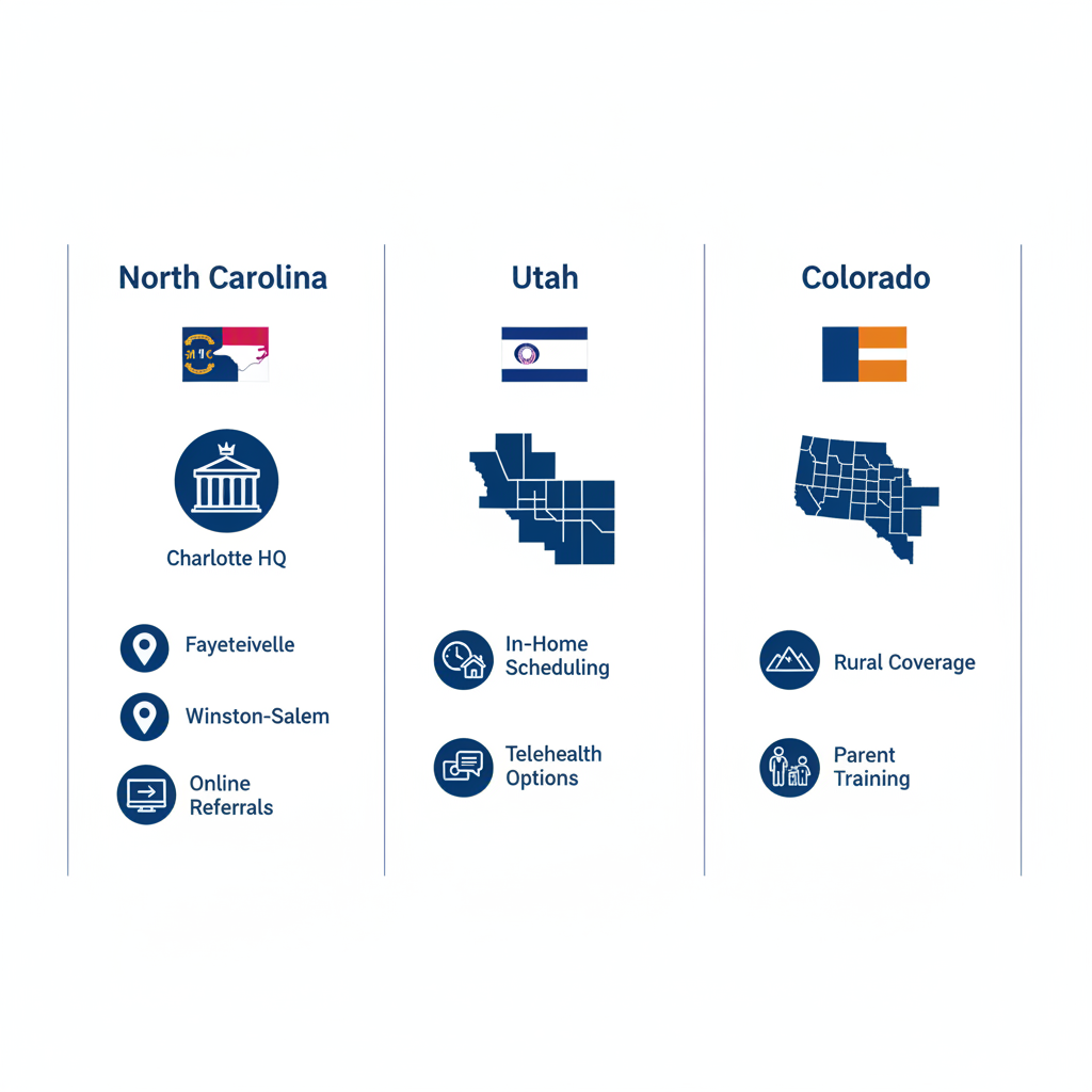 Infographic comparing ABA therapy availability and features in North Carolina, Utah, and Colorado with icons and state flags.