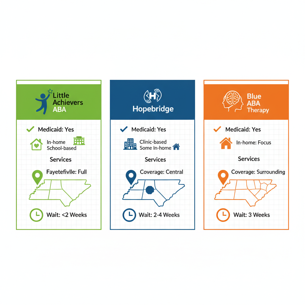 Infographic comparing Little Achievers ABA, Hopebridge, and Blue ABA Therapy in Fayetteville, NC, highlighting Medicaid acceptance, services, coverage, and wait times.