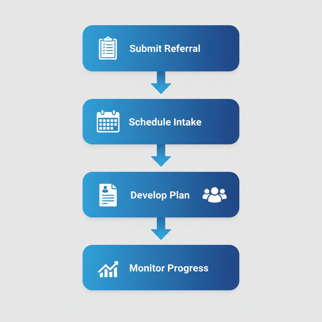 Vertical process flow illustrating five steps to begin ABA therapy with Medicaid in Fayetteville, NC