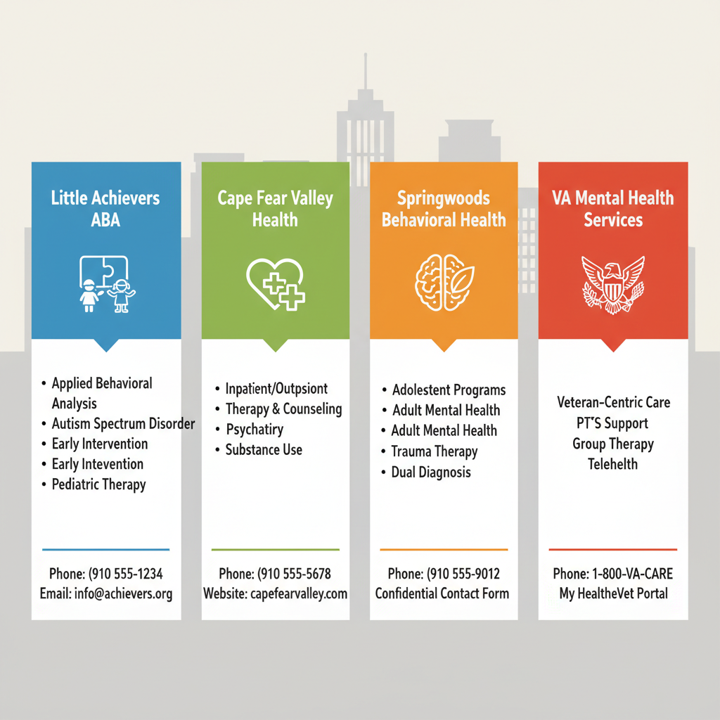 Infographic comparing behavioral health providers in Fayetteville, NC, including Little Achievers ABA, Cape Fear Valley Health, Springwoods Behavioral Health, and VA Mental Health Services with service icons, coverage details, and contacts.