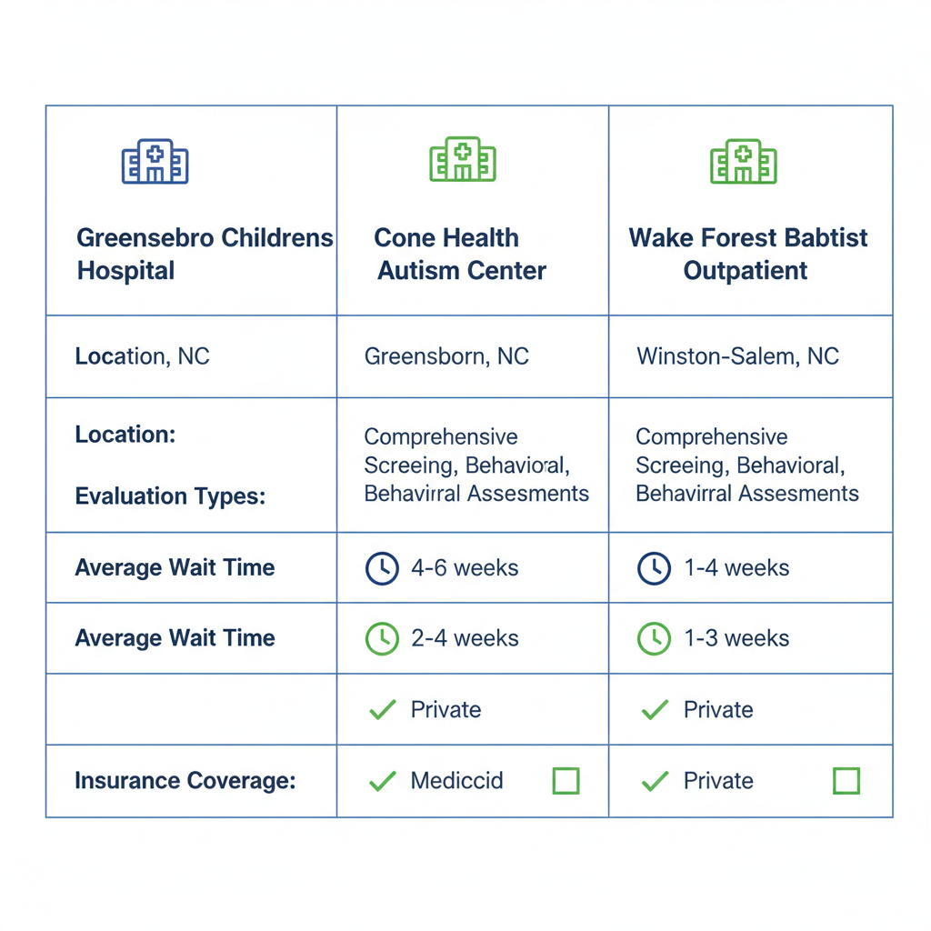Infographic comparing three local autism evaluation centers in Greensboro with locations, evaluation types, wait times, and insurance coverage.