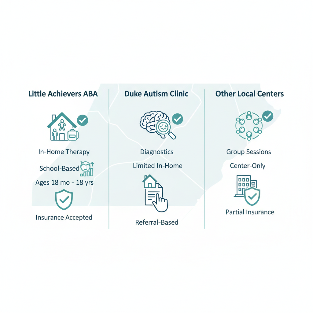 Infographic comparing ABA therapy providers in Durham: Little Achievers ABA, Duke Autism Clinic, and local centers features.
