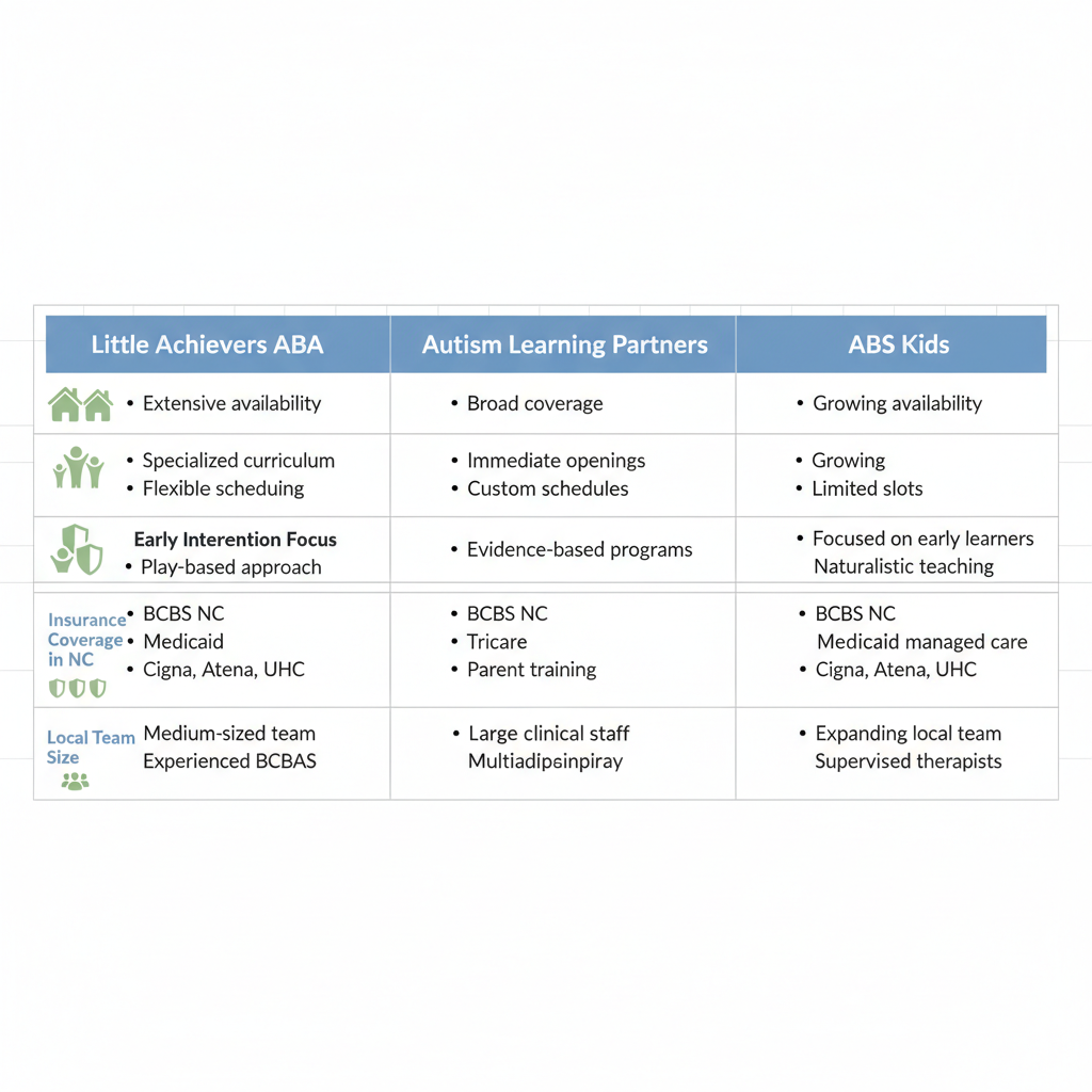 Infographic comparing key features of ABA therapy providers in Greensboro: Little Achievers ABA, Autism Learning Partners, and ABS Kids