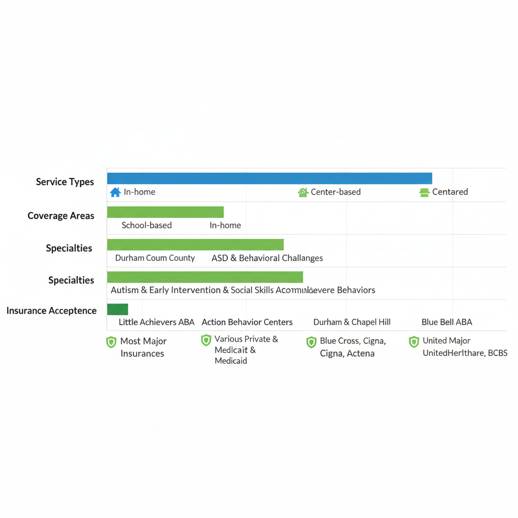Horizontal bar chart comparing ABA therapy providers in Durham, NC, highlighting services, coverage, specialties, and insurance with icons and color-coded bars.