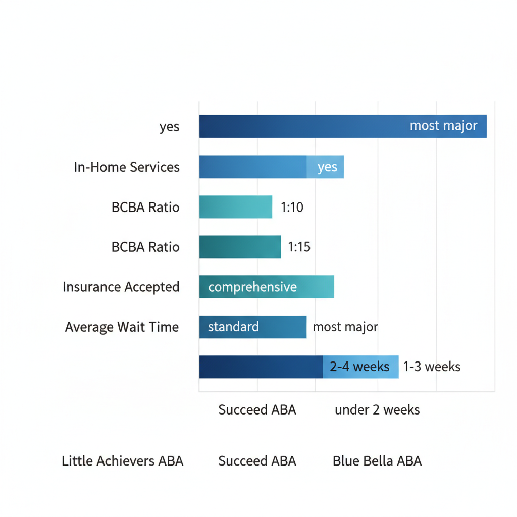 Horizontal bar chart comparing features of ABA therapy providers in Winston-Salem including in-home services, supervision ratios, insurance, and wait times.