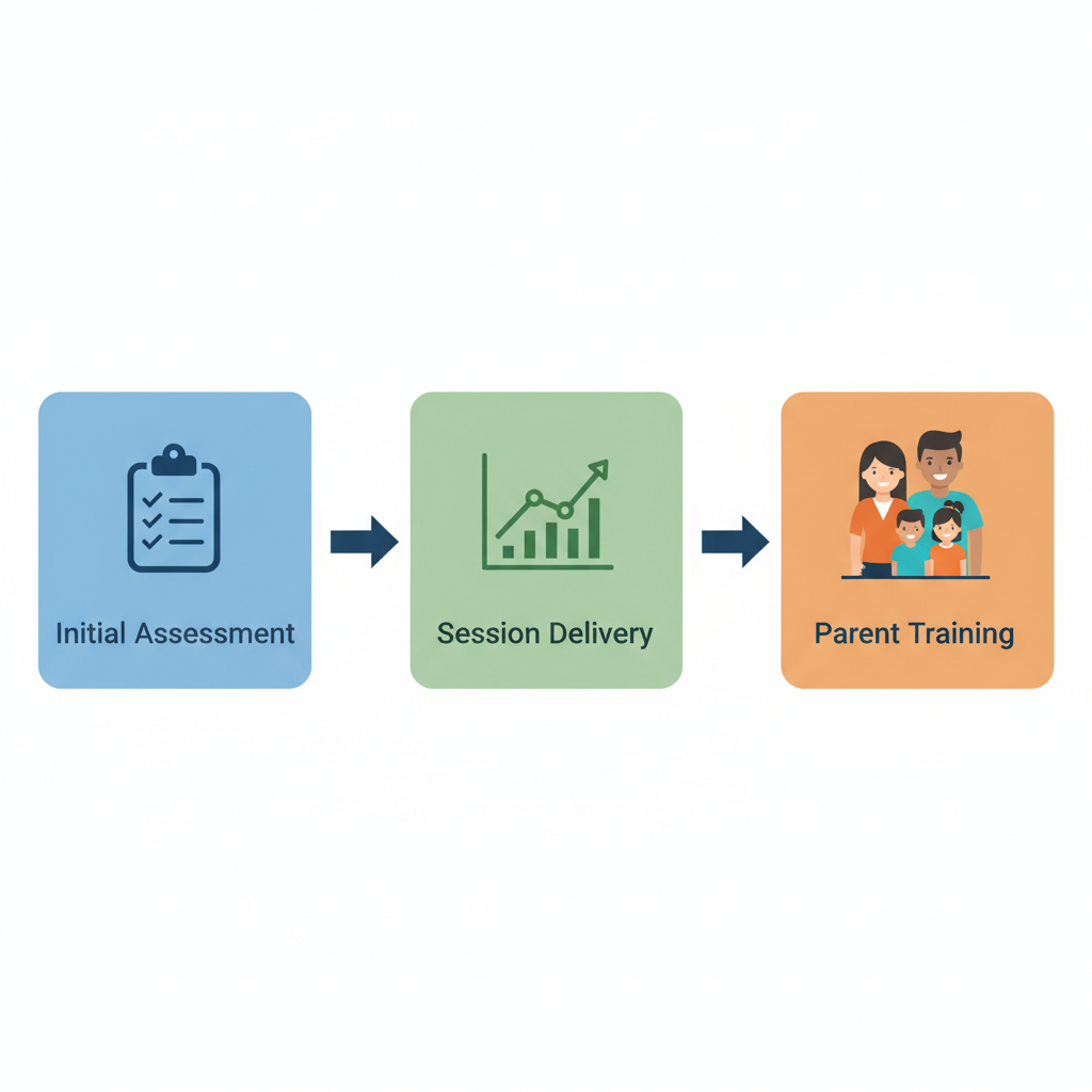 Horizontal process flow diagram illustrating the three stages of home ABA therapy: initial assessment, session delivery and progress tracking, and parent training integration.