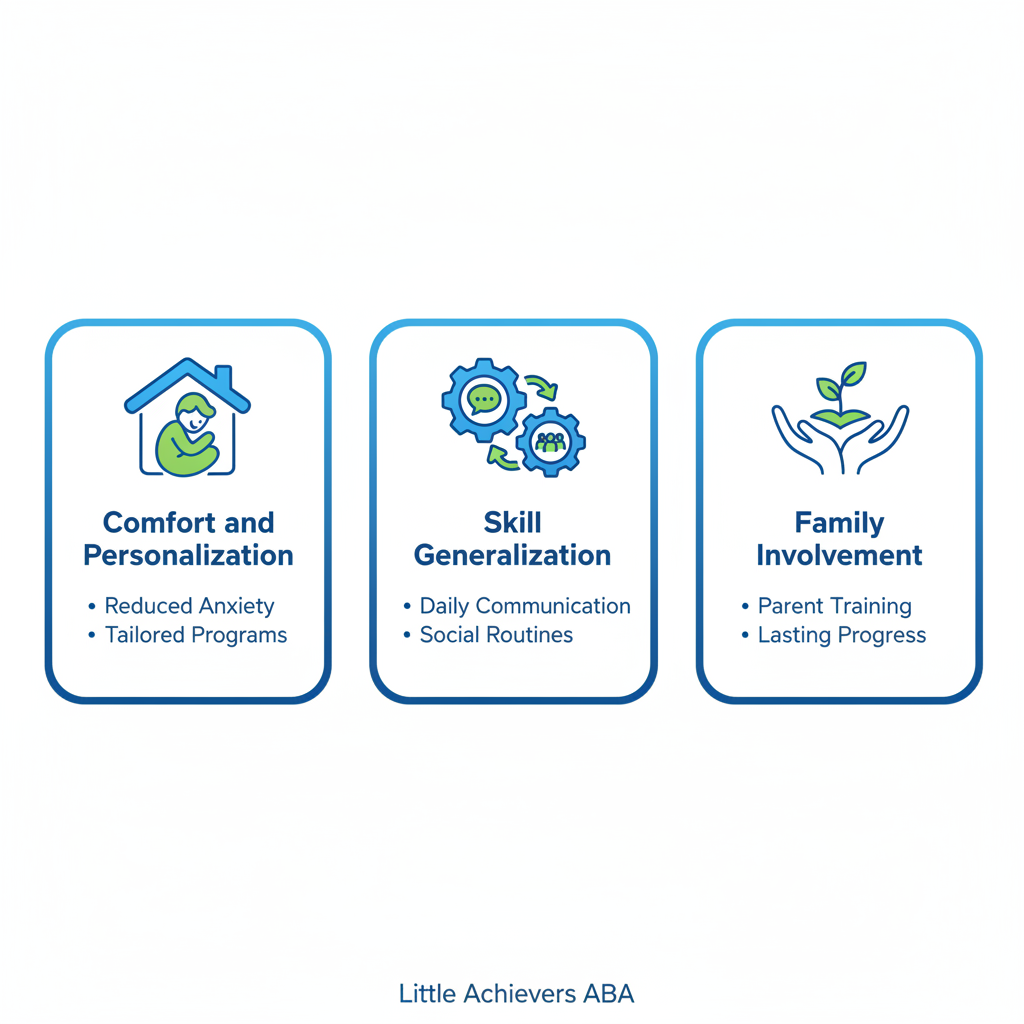 Infographic showing key benefits of home ABA therapy including comfort, skill generalization, and family involvement for children with autism.